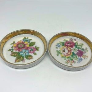 Vintage Porcelain Coasters Crown Shafford Flowers Floral Gold Rim 5404 set of 2